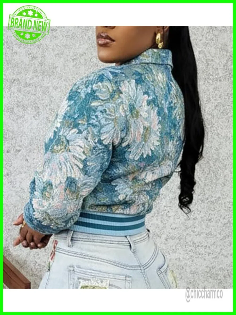 Cropped Bomber Jacket Women Floral Textured Varsity Letter Patch Snap Button